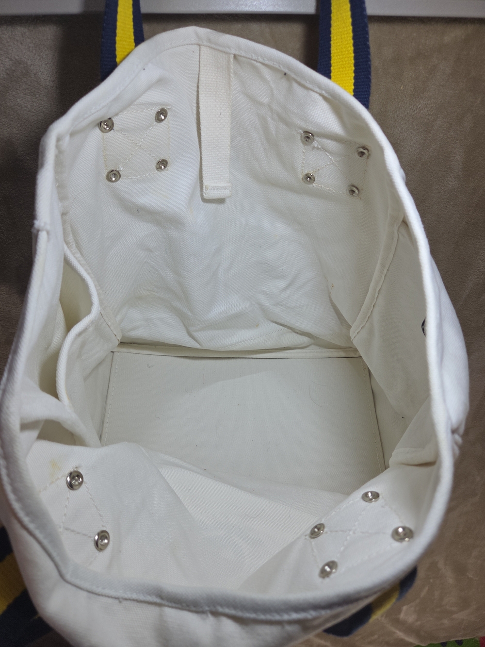 Ralph Lauren White Canvas Tote with Blue and Yellow Striped Handles - Picture 5 of 7
